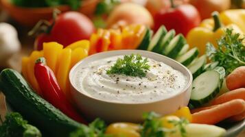 Freshly Cut Colorful Vegetables Surrounding Creamy Dip in Rustic Setting photo