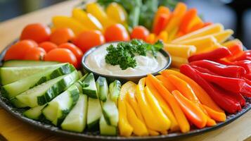Colorful Vegetable Platter With Dipping Sauce Arranged for a Summer Gathering in a Bright Kitchen photo