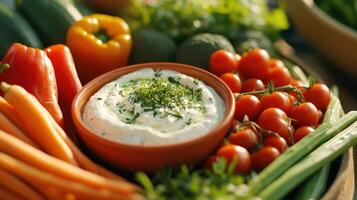 Fresh Assortment of Vegetables With Creamy Dip Displayed on Rustic Wooden Table in Sunlit Outdoor Setting photo
