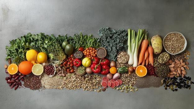 A Colorful Display of Fresh Vegetables, Fruits, and Grains on a Table in Natural Light photo