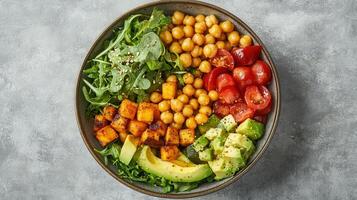 Colorful Healthy Grain Bowl With Avocado, Chickpeas, and Seasonal Vegetables on Gray Background photo
