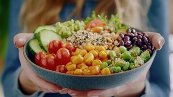 Fresh, Colorful Salad Bowl With Assorted Vegetables and Grains Held in Hands Indoors photo