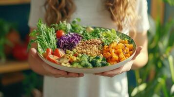 Healthy Salad Medley With Fresh Vegetables and Grains Held by a Smiling Person in Natural Light photo
