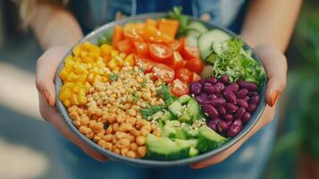 Colorful Fresh Salad Bowl Filled With Various Vegetables in a Sunny Outdoor Setting photo