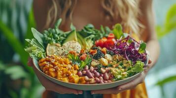 Colorful Vegan Salad Displayed by Person Indoors Surrounded by Greenery on a Sunny Day photo
