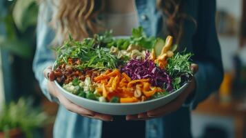 Freshly Prepared Colorful Salad Held by Young Woman in Cozy Kitchen Setting photo