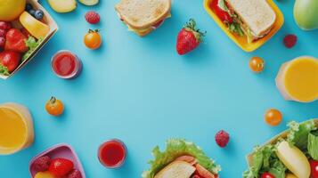 Colorful Picnic Spread Featuring Fresh Fruits, Sandwiches, and Juices on a Bright Blue Background photo