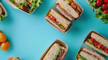 Colorful Assortment of Freshly Made Sandwiches on Bright Blue Surface With Vegetables photo