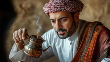 Traditional Arabic Coffee Ceremony With Smoky Pot in Desert Location at Sunset photo