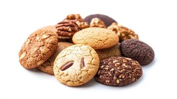 Delicious Variety of Homemade Cookies With Nuts and Chocolate on a White Surface photo