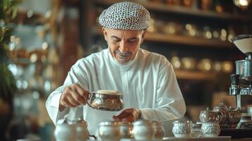 Traditional Omani Man Preparing Coffee With Silverware in a Bustling Market Setting Early Morning photo