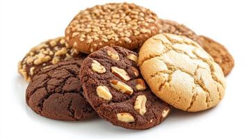 A Delicious Array of Assorted Cookies Piled High on a White Background Perfect for Treat Lovers photo