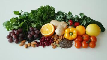 Fresh Vibrant Vegetables and Fruits Displayed on White Surface in Natural Lighting During Midday photo