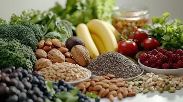 Colorful Arrangement of Fresh Fruits, Nuts, and Vegetables on a Wooden Table in a Bright Kitchen Environment photo