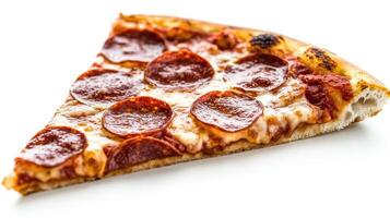 Delicious Pepperoni Pizza Slice on White Background Ready to Be Enjoyed at Any Time of Day photo
