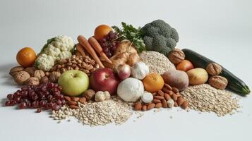 Fresh Variety of Fruits, Vegetables, Nuts, and Grains Displayed in an Artistic Arrangement on a Neutral Background photo