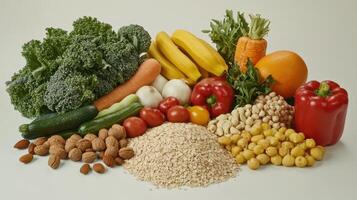 Colorful Array of Fresh Fruits and Vegetables Displayed on a Neutral Background for Healthy Eating Inspiration photo