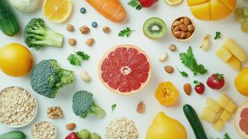 Variety of Fresh Fruits, Vegetables, Nuts, and Grains Arranged Aesthetically on White Background for Healthy Eating Inspiration photo