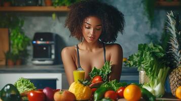 Woman Preparing Fresh Juice Surrounded By Colorful Vegetables and Fruits in Bright Modern Kitchen photo