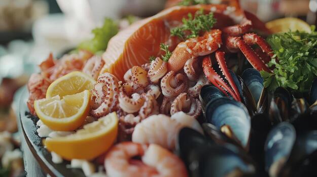 Fresh Seafood Platter Displayed With Lemon Slices at a Fine Dining Restaurant in the Evening photo