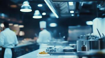 Professional Chefs Preparing Gourmet Dishes in a Modern Kitchen During Evening Service Hours photo