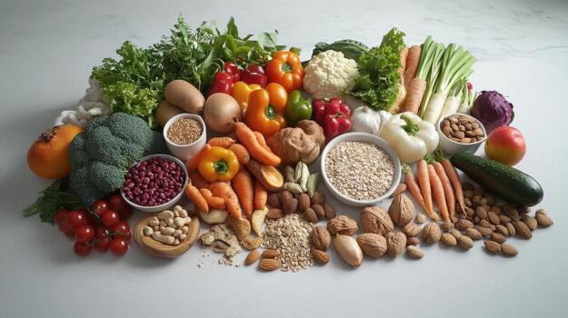 Fresh Organic Produce Displayed on Clean Surface With Nuts and Grains in Bright Natural Light photo