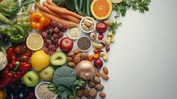 Freshly Gathered Fruits and Vegetables Arranged Beautifully on a Light Background in a Modern Kitchen photo