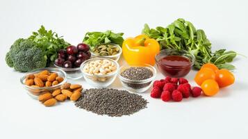 Colorful Arrangement of Fresh Fruits, Vegetables, Nuts, and Seeds for Healthy Eating Displayed on White Background photo