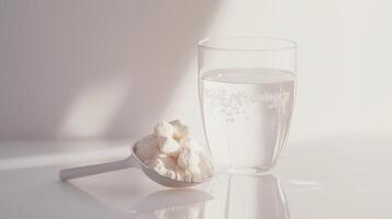 Clear Glass of Water Next to a White Measuring Spoon Filled With Powdered Substance on a Bright Surface photo