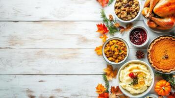 Delicious Thanksgiving Feast Featuring Turkey, Mashed Potatoes, and Pumpkin Pie on Rustic Wooden Table photo