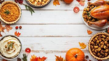 Delicious Homemade Thanksgiving Feast Featuring Turkey, Pumpkin Pie, Mashed Potatoes, and Fall Decorations on a Rustic White Wooden Table photo