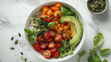 Colorful Vegan Bowl With Avocado, Tomatoes, and Fresh Vegetables on Marble Table photo