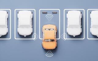 The car is parking automatically in a parking lot, 3d rendering. photo