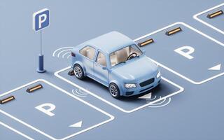 The car is parking automatically in a parking lot, 3d rendering. photo