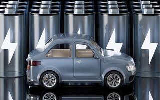 Realistic 3D style automobile car and new energy battery, 3d rendering. photo