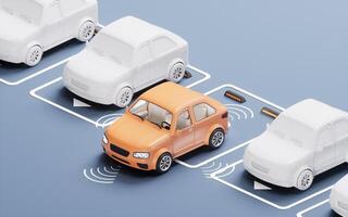 The car is parking automatically in a parking lot, 3d rendering. photo