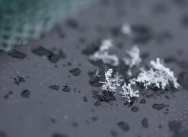 Snowflakes during the snowfall on glass surface photo