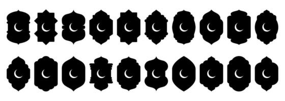 Shape Islamic door and window silhouette Arabic arch with crescent moon. Collection of patterns in oriental style. Frames in Arabic Muslim design for Ramadan Kareem. mosque gate isolated on vector