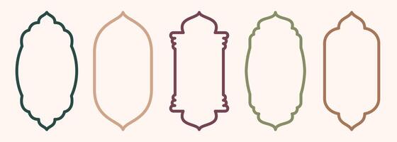 Shape Islamic door and window silhouette Arabic arch. Collection of patterns in oriental style. Frames in Arabic Muslim design for Ramadan Kareem. mosque gate stroke isolated on white vector