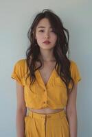 Casual Fall Fashion Studio Shoot Featuring Model in Yellow Outfit photo