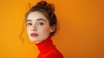 Fall Casual Fashion Studio Shoot With Model in Red Turtleneck photo