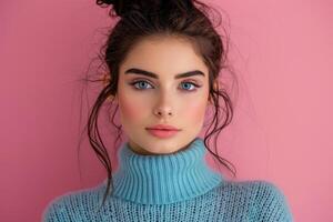 Casual Fall Fashion Studio Shoot With Model Against Pink Background photo