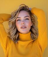 Fall Casual Fashion Studio Shoot With Model and Yellow Background photo