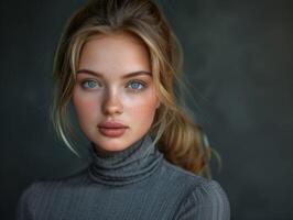 Portrait of a Young Woman With Blue Eyes in a Turtleneck Sweater photo