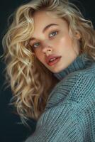Portrait of a Young Woman With Curly Hair in a Cozy Sweater photo