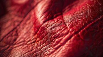 Close-Up of Rich Red Leather Surface Showing Texture and Detail photo