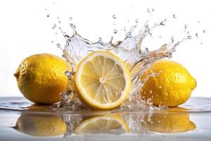 Lemon splashes on white background photo