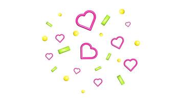 3d Confetti Firecracker Ribbon Paper Element Set. Pink hearts. Bright colored figures fly in different directions. Poster design postcard banner web design. . vector