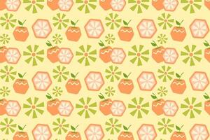 fresh oranges with leaves seamless pattern on yellow background. geometric slices of orange fruits tropical illustration pattern. cute citrus fruits pattern for fabric, label, printable vector
