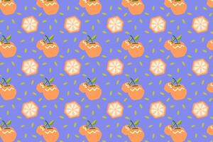 fresh oranges, sliced of orange, leaves seamless pattern on purple background. geometric citrus fruit tropical illustration pattern. cute orange fruits pattern for fabric, label, print vector